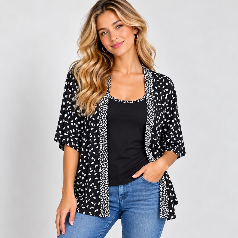 Susan Graver Liquid Knit Cardigan Tank Set Womens Size XL Black Polka-dot Office